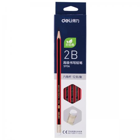 得力 S936/2B 椴木六角笔杆高级书写铅笔 带橡皮 12支/盒
